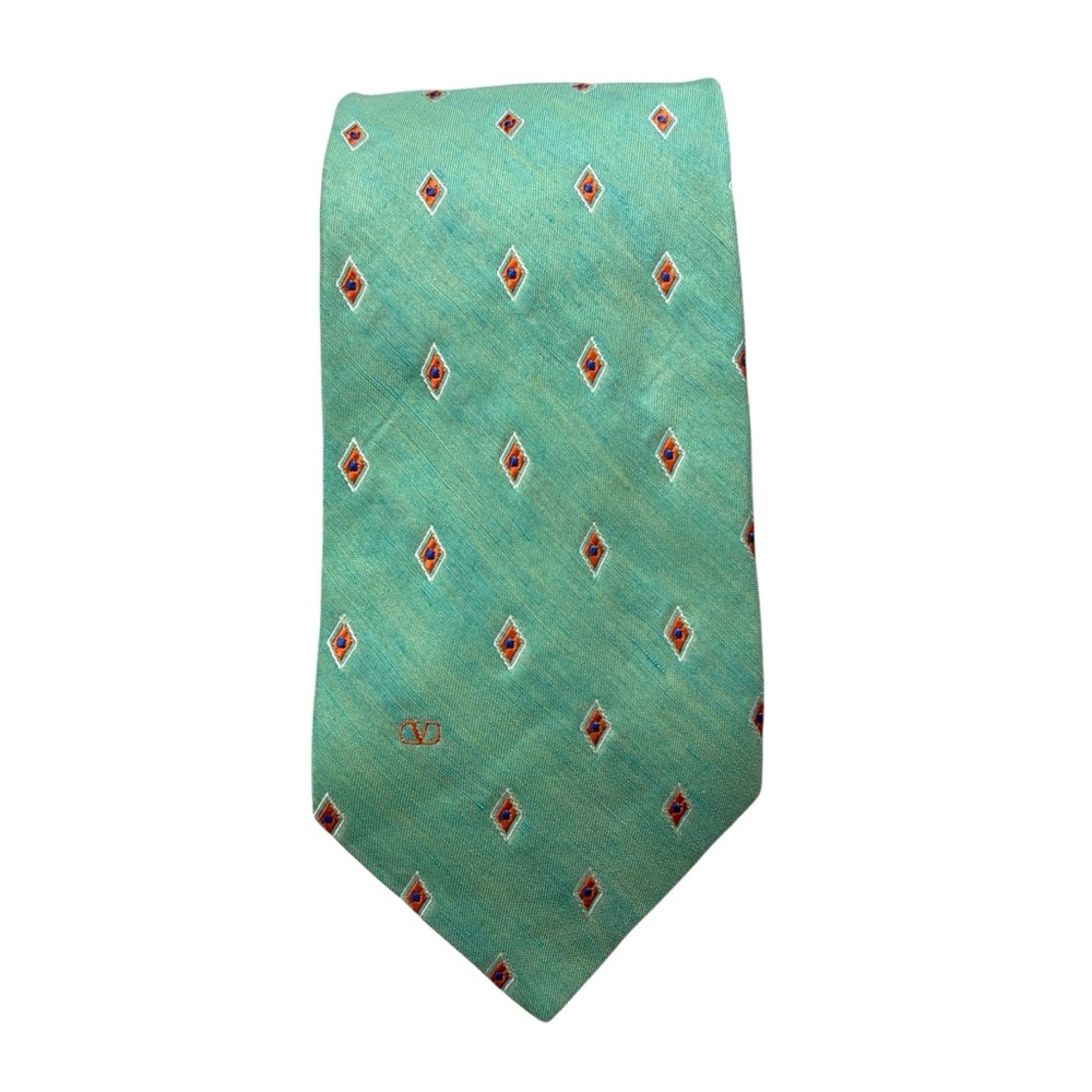 Valentino Tie Mens Green Diamond Pattern 100% Silk Made in‎ Italy